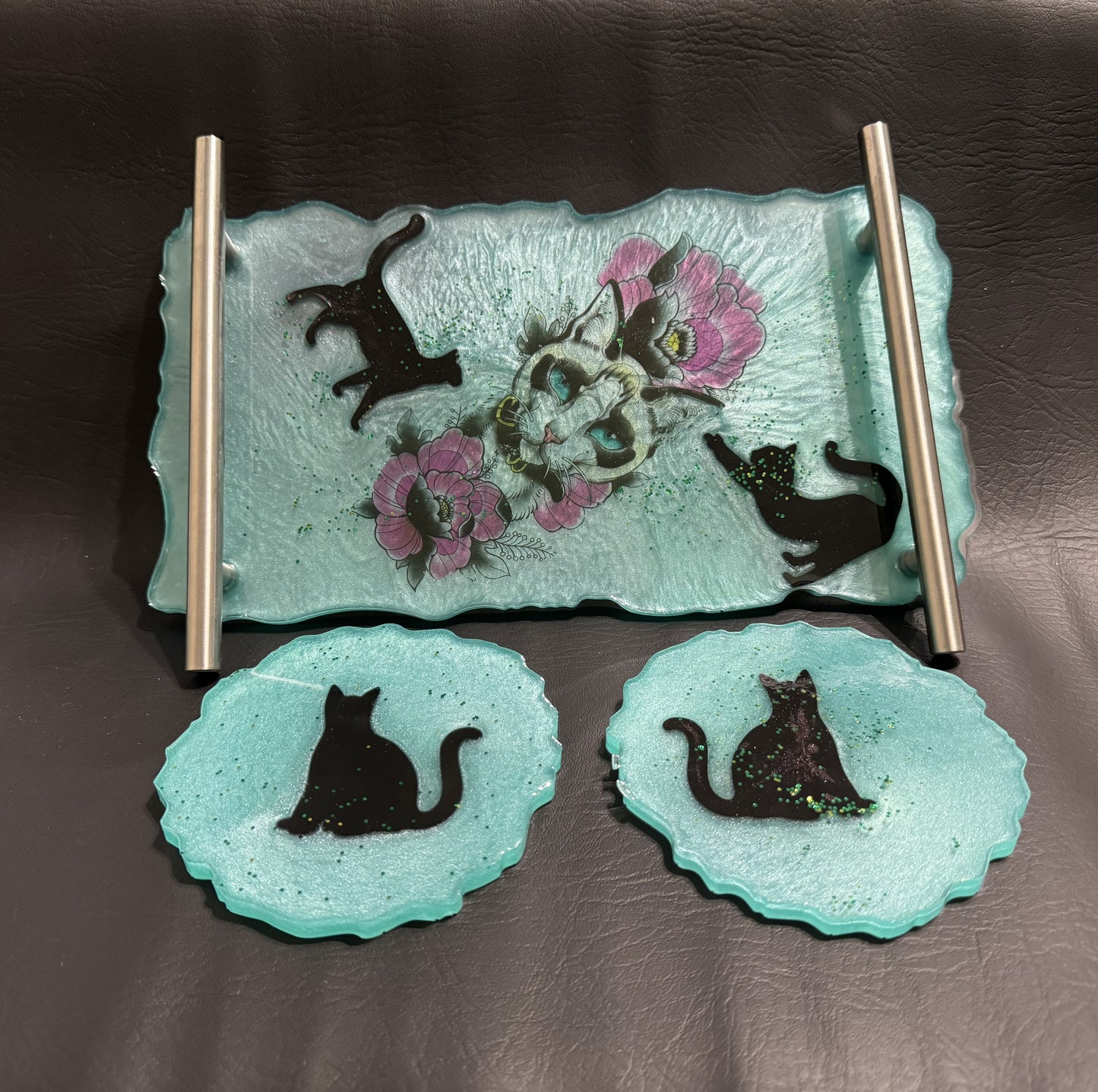 Floral Turquoise Cat Tray & x2 Cosaters