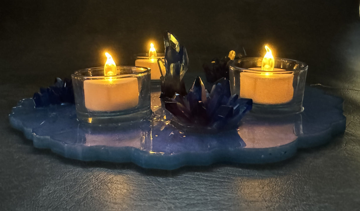 Blue Resin Crystal x3 Tea Light Holder, Table Centerpiece