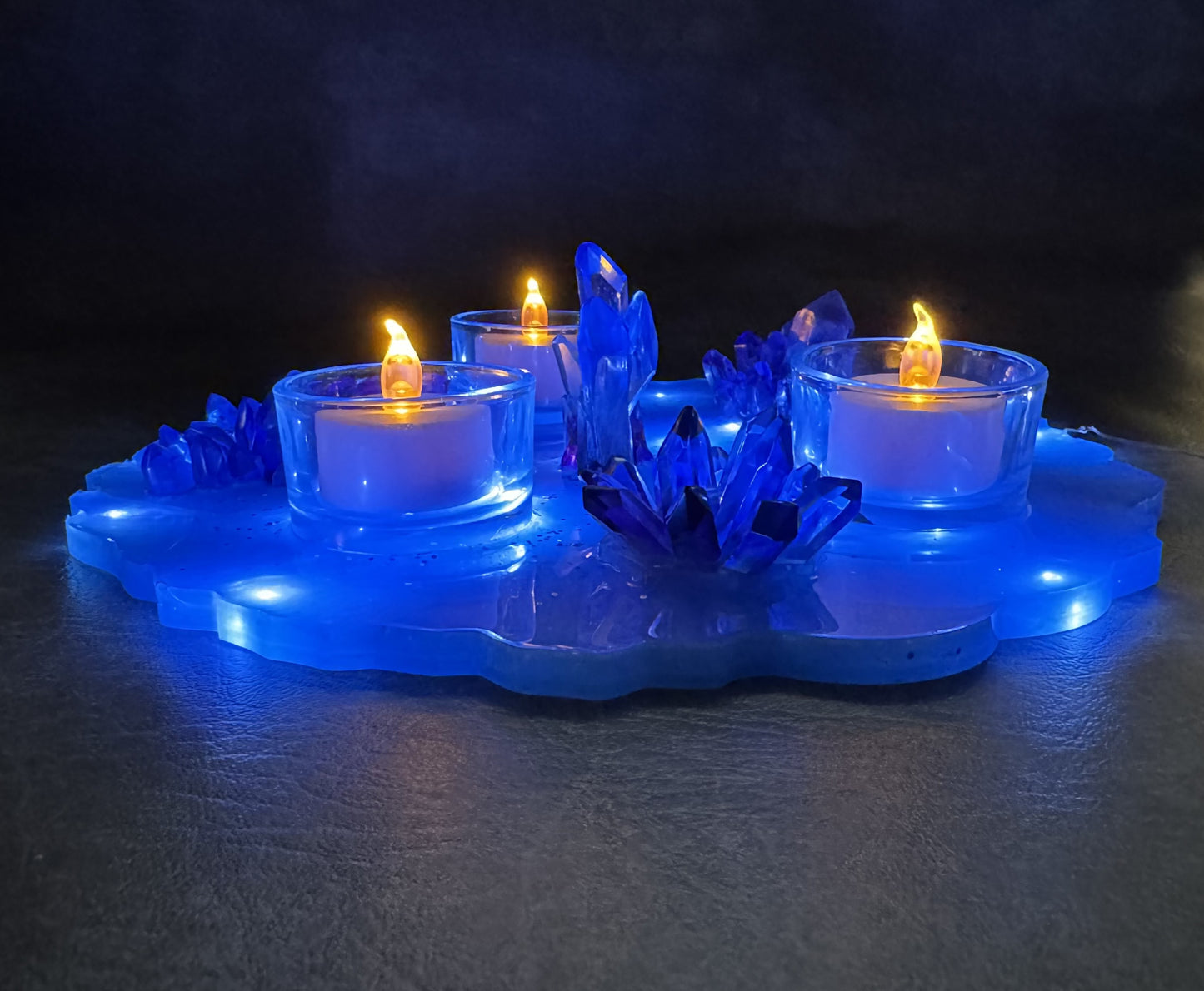 Blue Resin Crystal x3 Tea Light Holder, Table Centerpiece