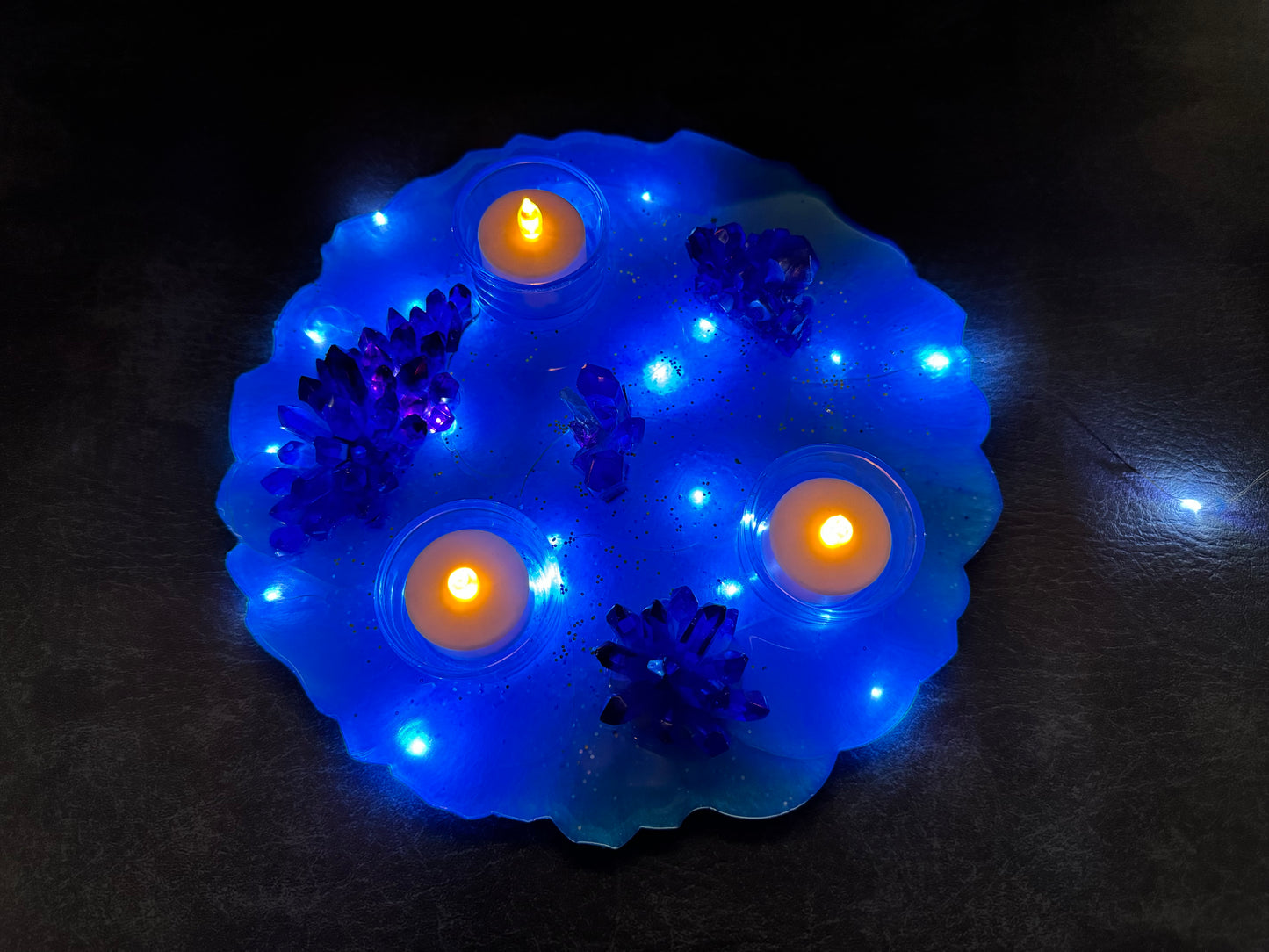 Blue Resin Crystal x3 Tea Light Holder, Table Centerpiece